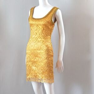 Emanuel Ungaro Vintage Short Gold Lame Lace Cocktail Dress. Size 6.